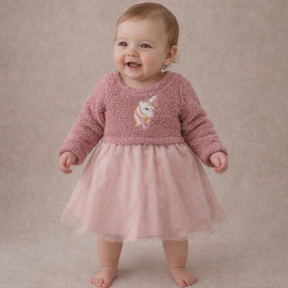Young Hearts Pink Teddy Bear Fuzzy Unicorn Tulle Tutu Dress Size 3-6M Baby Girl